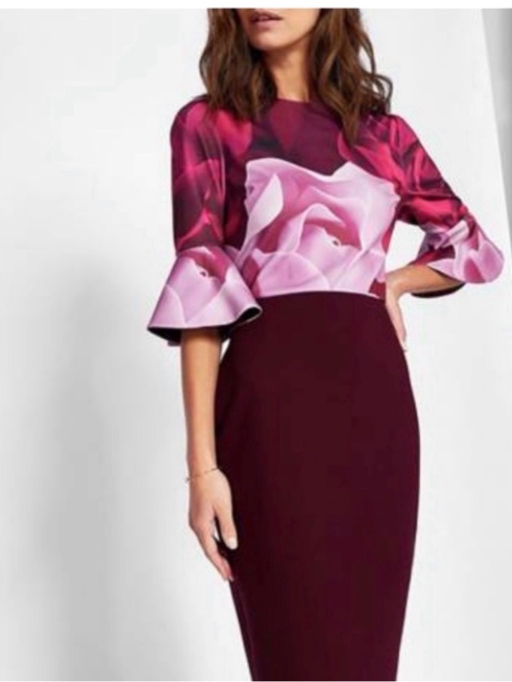 Ted Baker London Pink Floral Bodice Plum Sheath Dress